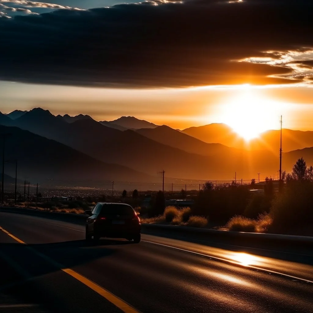 night time, a car driving from a city to the mountains, the sun rising in the distance, photo quality