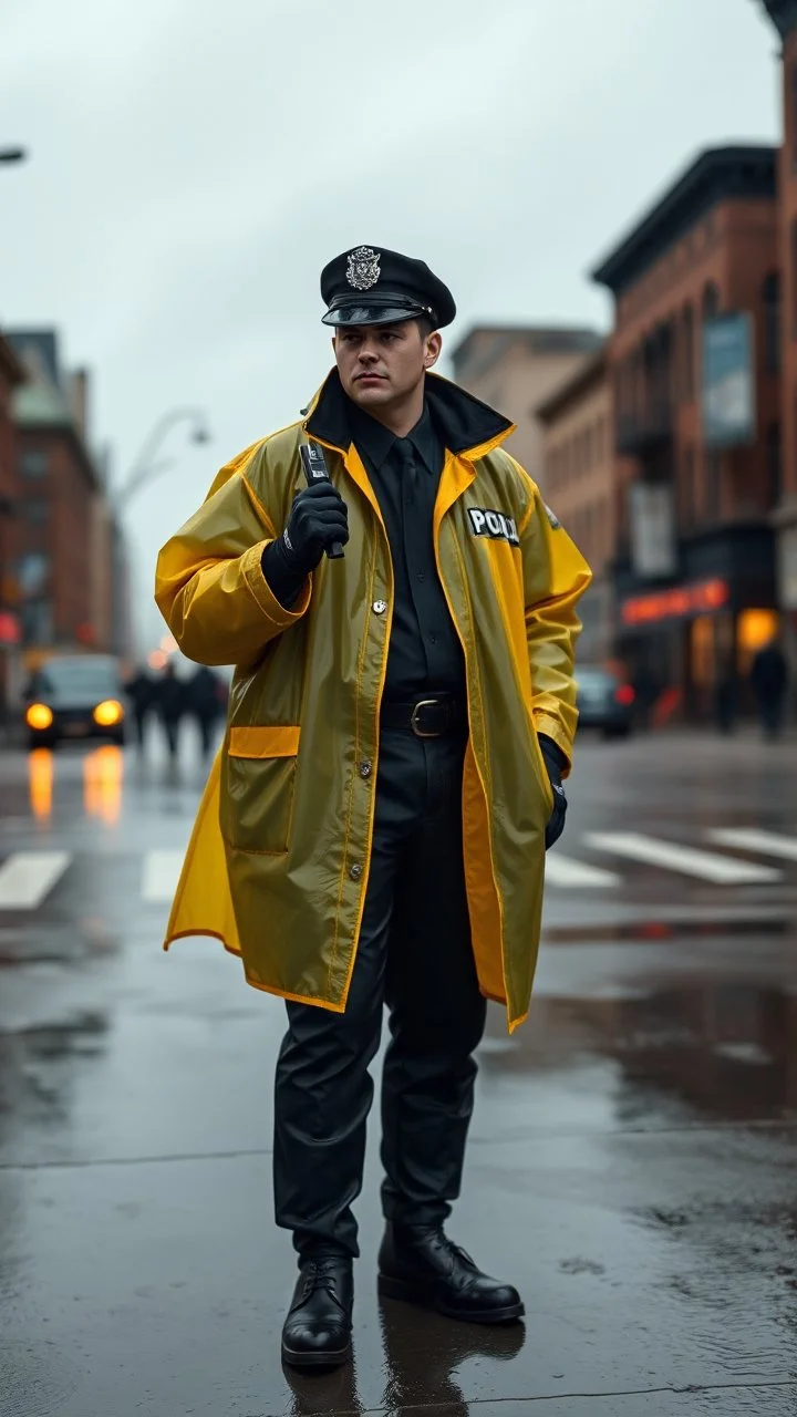 retro nypd full body color 1920 black policeman wtih heavy yellow rain transparent coat with thompson