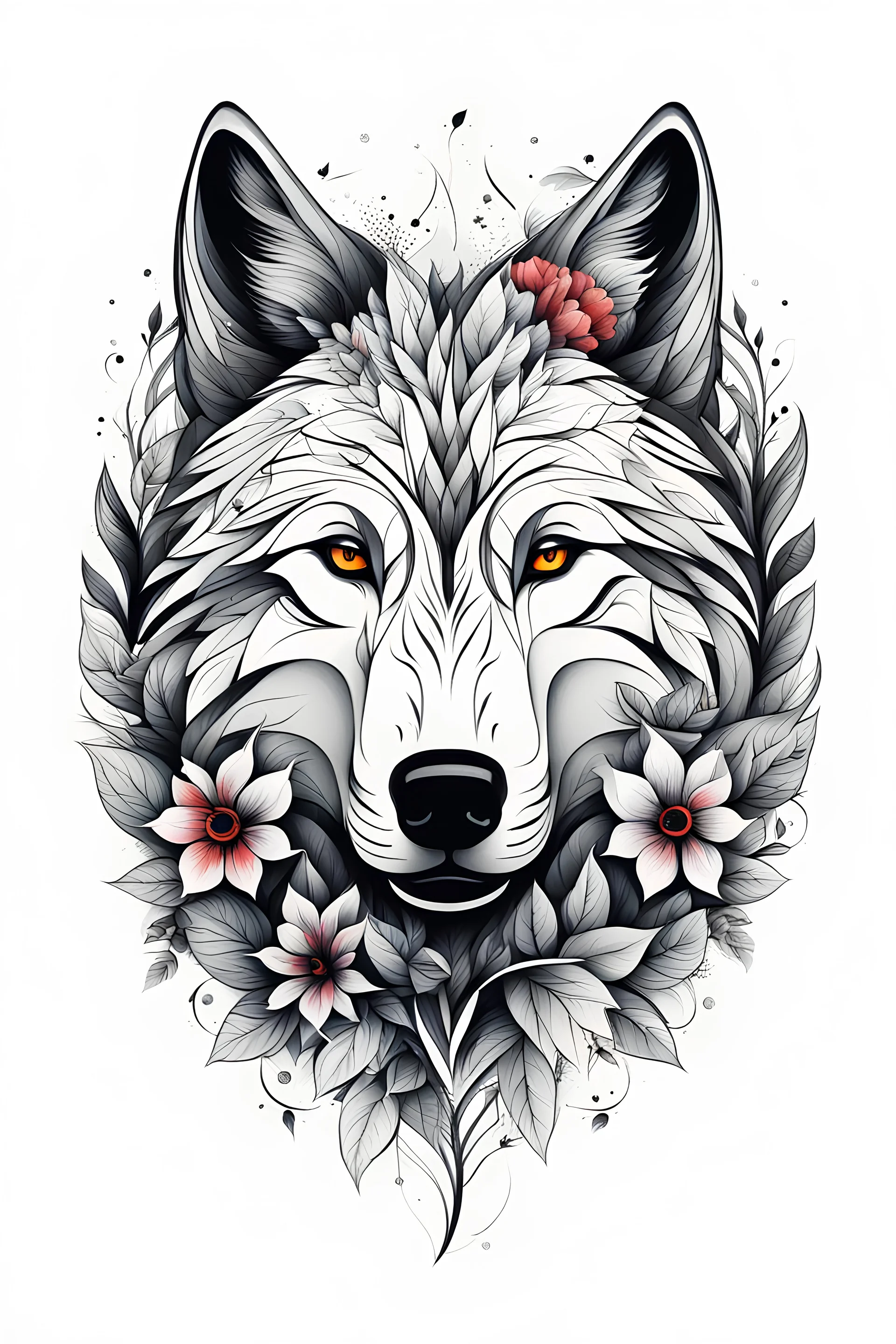 idéias modernas de tatuagem abstrata, ilustração minimalista em um fundo branco puro "A cabeça de um lobo, ao redor várias flores e folhas