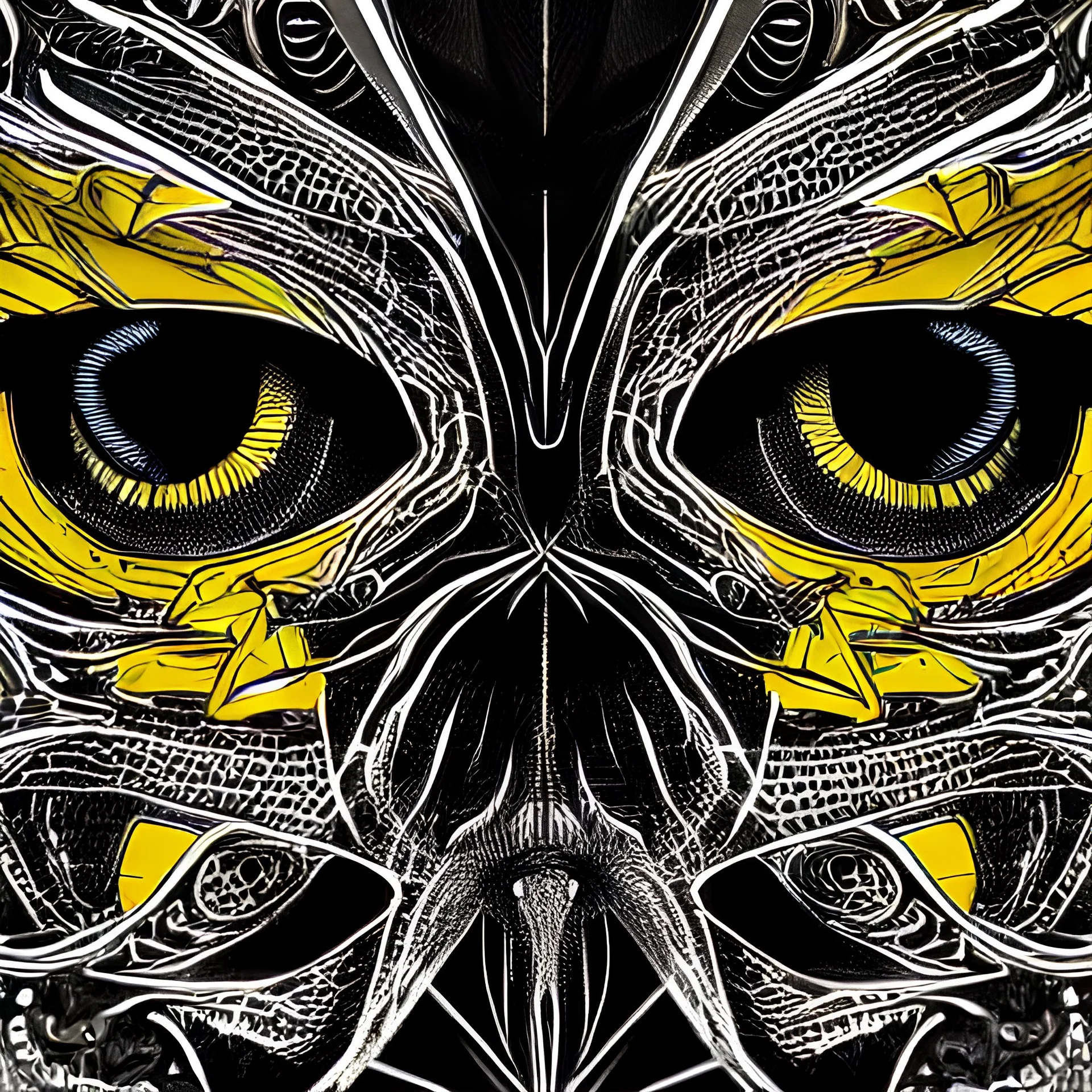 symmetrical flat color black yellow, anthropomorphic highly detailed portrait of scary neon triangle eyes skeleton, intricate, elegant, highly detailed, digital painting, artstation, concept art, smooth, sharp focus, illustration, art by artgerm, bob eggleton, michael whelan, stephen hickman, richard corben, wayne barlowe, trending on artstation and greg rutkowski and alphonse mucha, 8 k