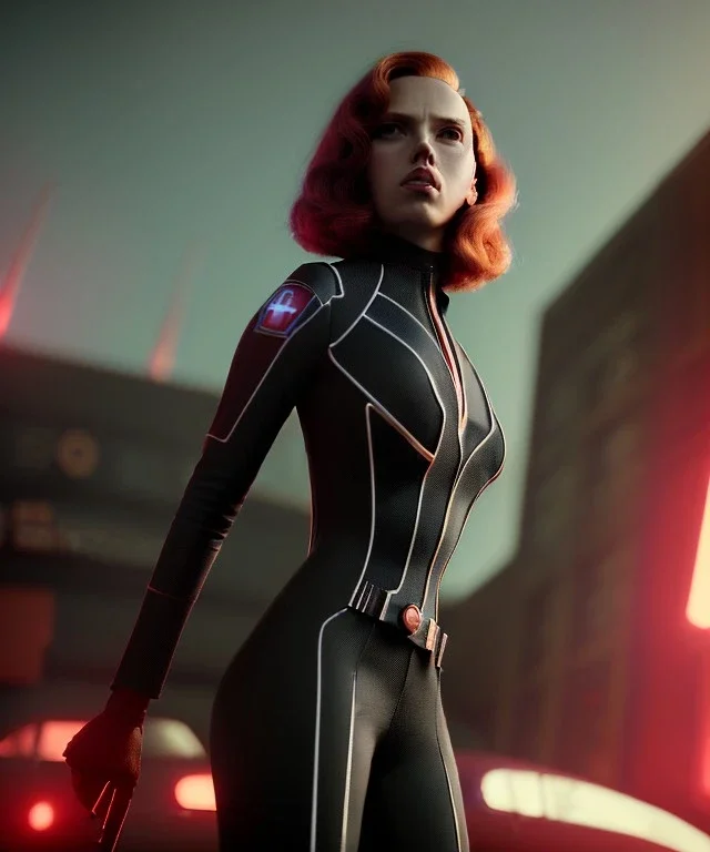 retro sci-fi portrait image from 1960, supermarket parking explosion, fire, classic black widow, young Scarlett Johansson, tight lycra suit, soft color, highly detailed, unreal engine 5, ray tracing, RTX, lumen lighting, ultra detail, volumetric lighting, 3d, finely drawn, high definition, high resolution.