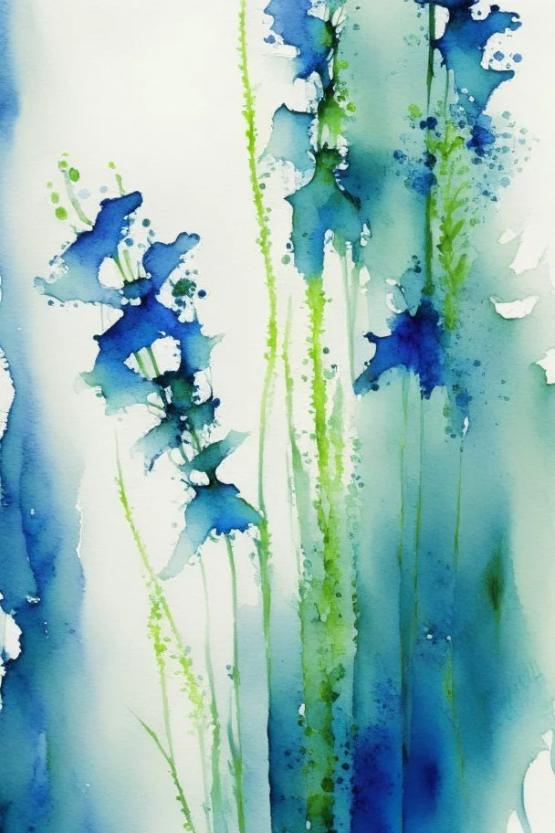 Abstract wet watercolour, blue green stalks delphiniums, no crop
