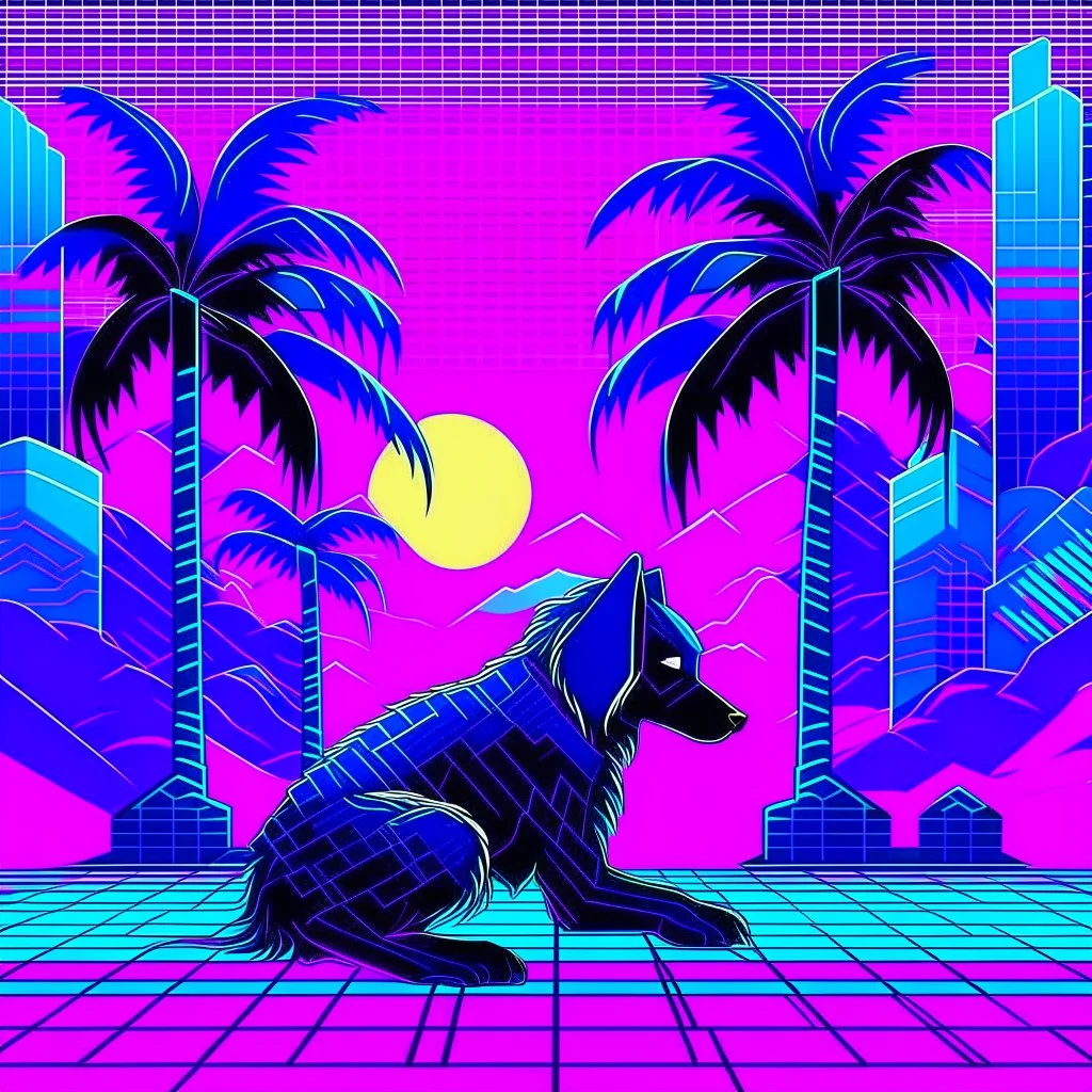 A 2D Vaporwave would depict the robotic dog from Doctor Who in bright neon purples, pinks, and blues, with digital glitch patterns, gradient transitions, and a retro-futuristic background of grid patterns, pixel art palm trees, and Japanese kanji characters, blending K-9’s boxy, angular form with the nostalgic and surreal aesthetics of vaporwave, he is a robot dog, and is blocky, he has satellite ears, and an antennae.