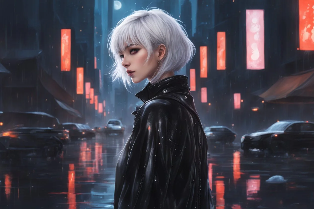 girl in 8k realistic anime drawing style, short white hair, fantasy world, neon moon, black dress, rain, highly detailed, high details, detailed portrait, masterpiece,ultra detailed, ultra quality