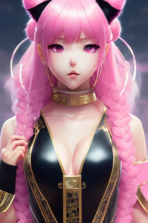 Detailed cute anime Kunoichi cat-girl wizard, pink hair buns, pink bangs, black latex bodysuit, intricate details, full body portrait, keep head in frame, slight smile, black Japanese motif, concept art, highly detailed, digital painting, concept art, sharp focus, illustration, art by Yoji Shinkawa, WLOP and greg rutkowski and alphonse mucha and artgerm and yanjun Chen and Junji ito and Makoto Shinkai, HDR, octane render