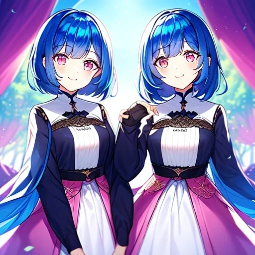 Girl, blue hair, pink eyes, dark mori, twins, smiling