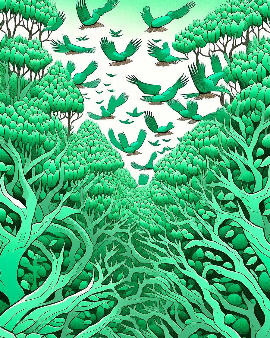 Mint colored treetops with singing songbirds painted by MC Escher