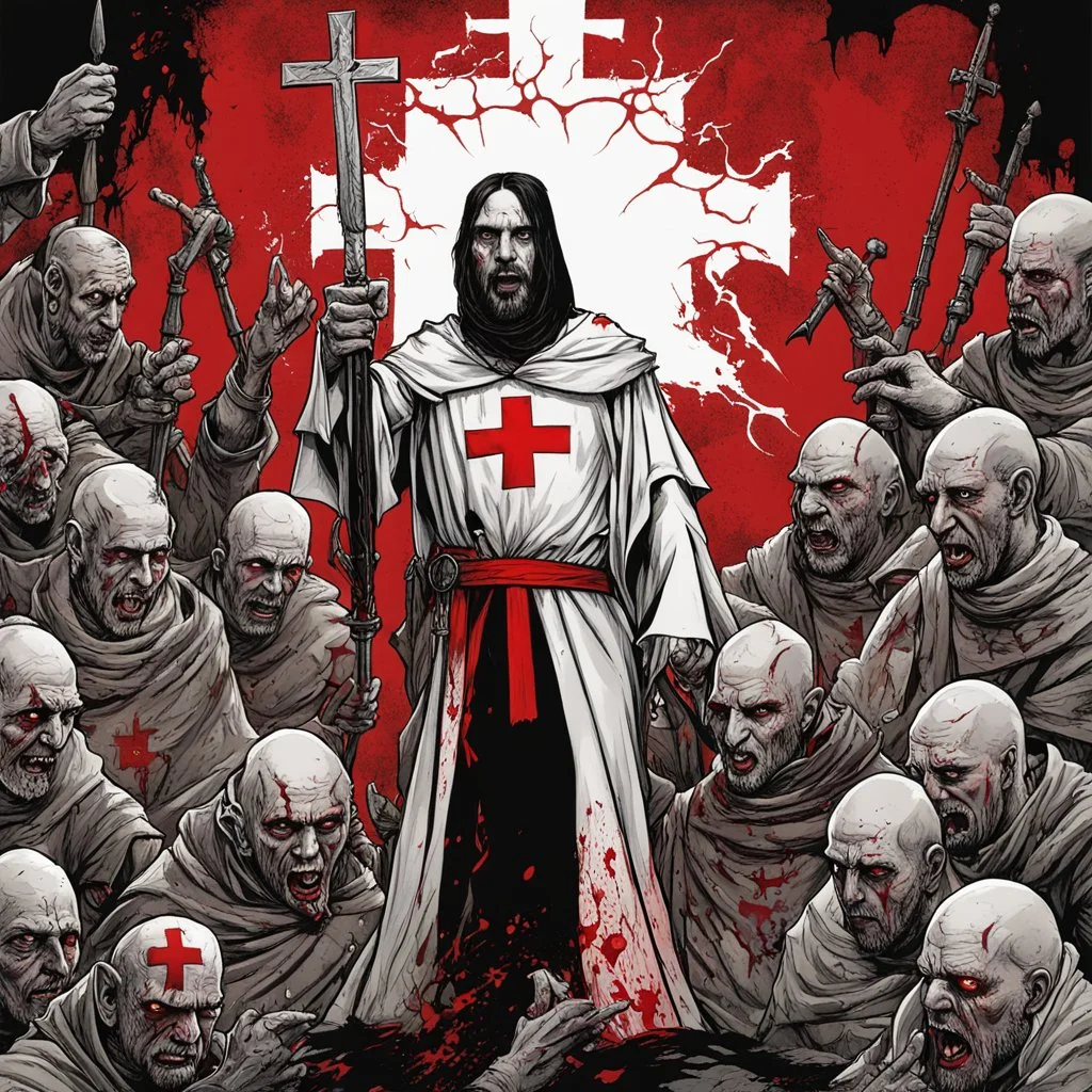 Zombie Charlie Manson as a templar knight with a loose white tunic with the templar red cross leading a holy army, drenched in a red plasma, glowing sword of rightousness, by boris Valejo, by Brett Weston, ink illustration, photorealistic, intricately detailed, dramatic, moody.