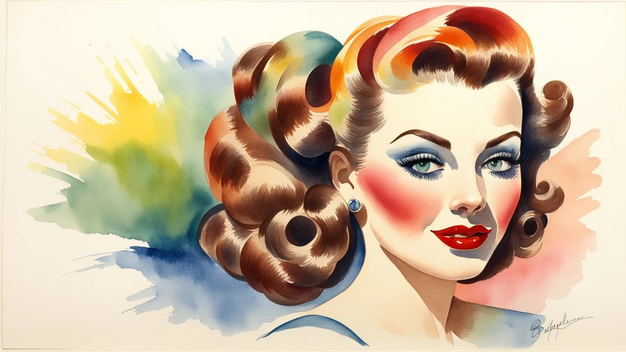 watercolor pin-up drawing, bright makeup, 1945 babette hairstyle, clear lines, fine rendering, 3D