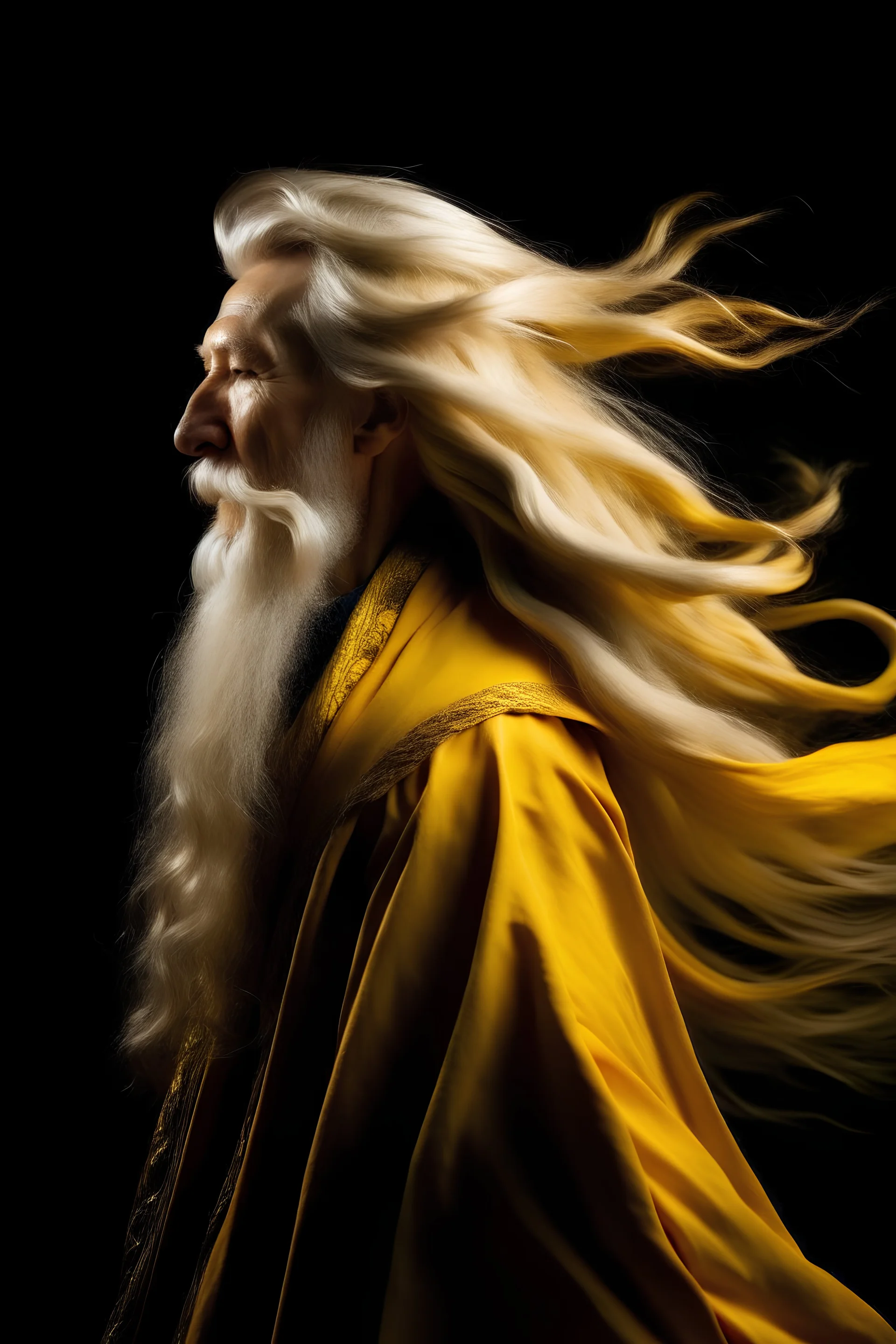 wizard with golden hair blowing in a wind