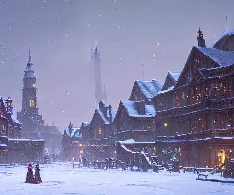 A snowy warlock town with river canals and a magical Christmas tree