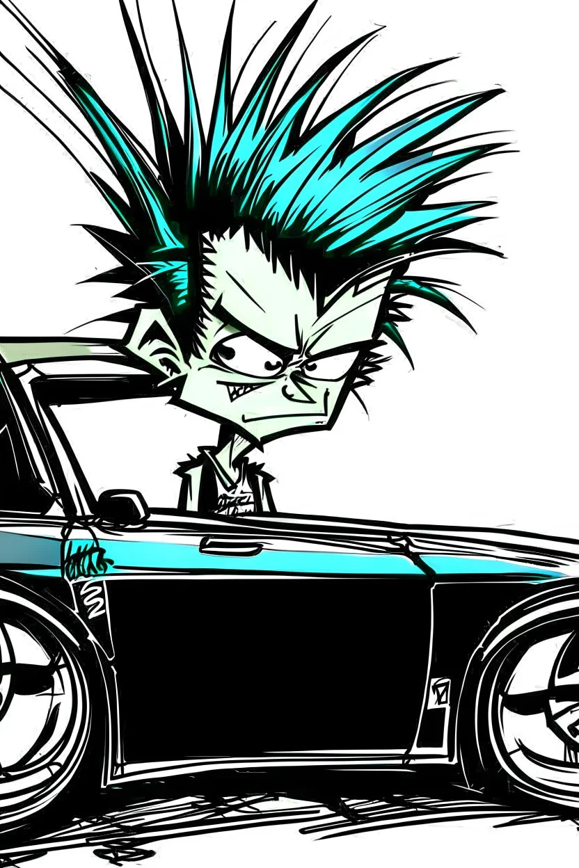 2d drawing of a stickman, cool with punk hair, x eyes like in hangman, sideview of him sitting in a car, arm slightly lifted and resting on door