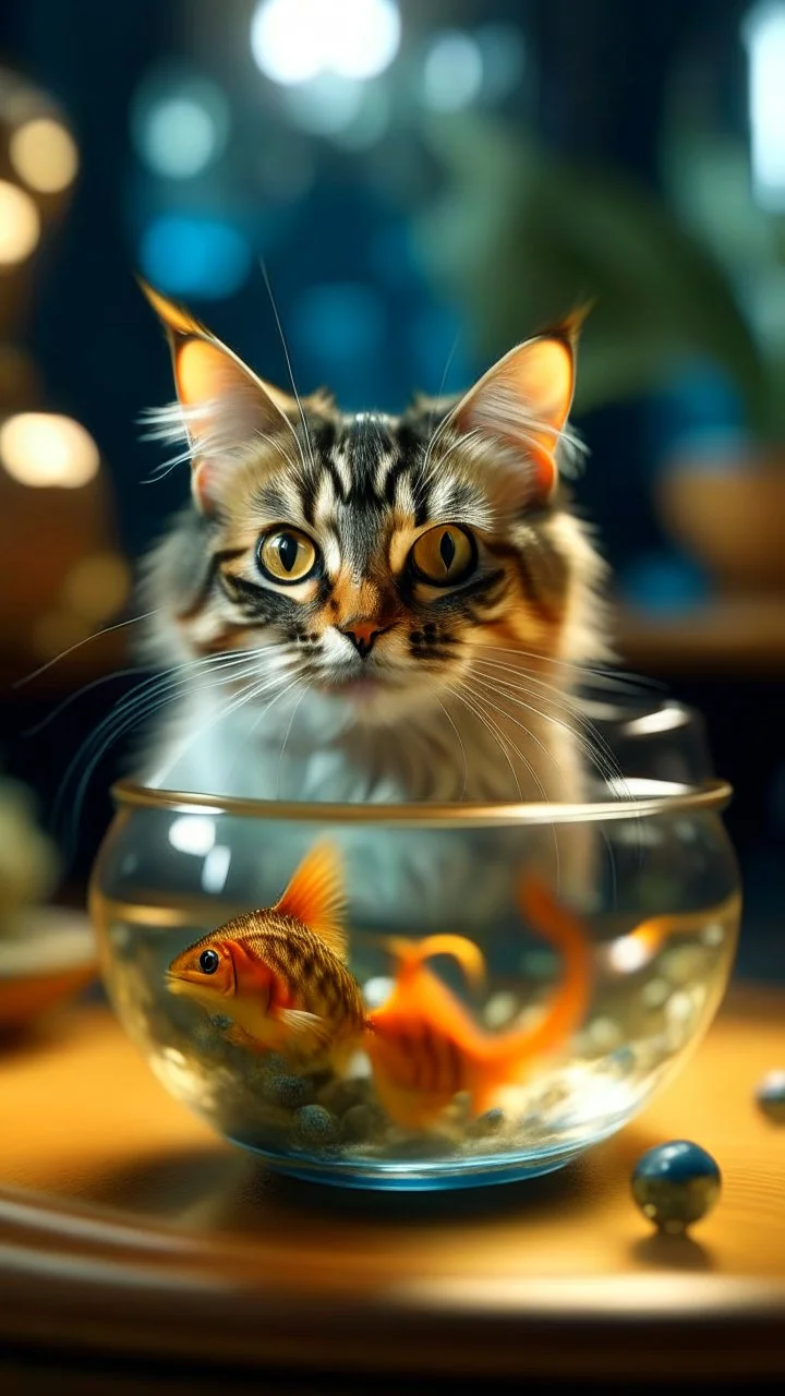 portrait of confused old cat holding a glass bowl with animated gold fishes and sharks in glass nursery having grown beaks and claws, bokeh like f/0.8, tilt-shift lens 8k, high detail, smooth render, down-light, unreal engine, prize winning