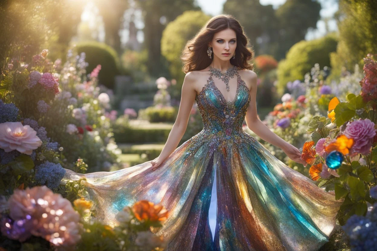 brunette woman in coloured glass dress set with gemstones, glittering metal stems and gemstone leaves in a flowergarden sharp focus elegant extremely detailed intricate very attractive beautiful dynamic lighting fantastic view crisp quality exquisite detail in the sunshine gems and jewels