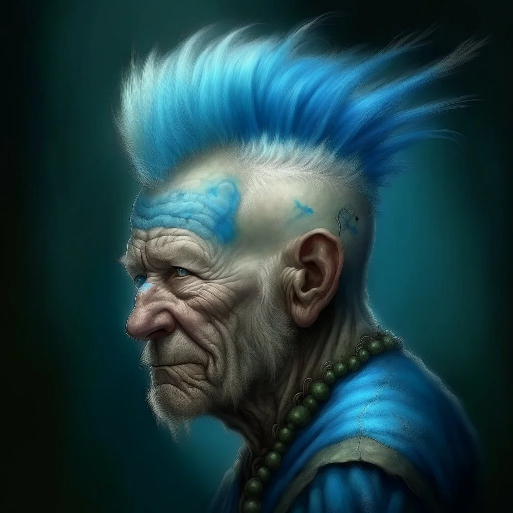 a detailed portrait of old man with a extravagant blue mohawk by edouard bisson, punk rock, oil painting, muted colors, soft lighting