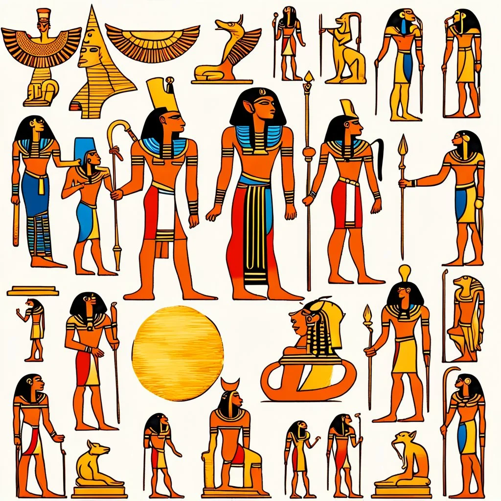 a super-realistic image representing all of the Egyptian gods mentioned below: Hapi, Heqet, Set, Geb, Uatchit, Hathor, Apis, Sekhmet, Nut, Osiris and Ra. The scene should capture the essence and majesty of each of these gods, displaying them in a harmonious composition that highlights both their individual characteristics and their connection to Egyptian mythology. Hapi could be represented with jugs of water, Heqet with a woman's body and a frog's head emanating vital energy, Set with his chara