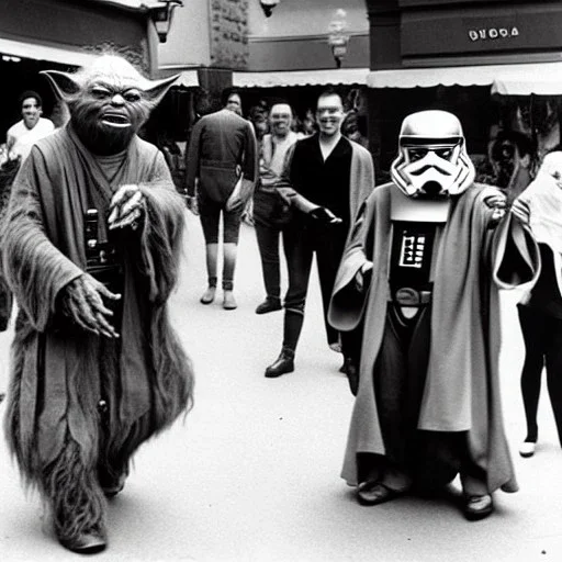 Creepy old photo of star wars Yoda and ewok type people out shopping at old town