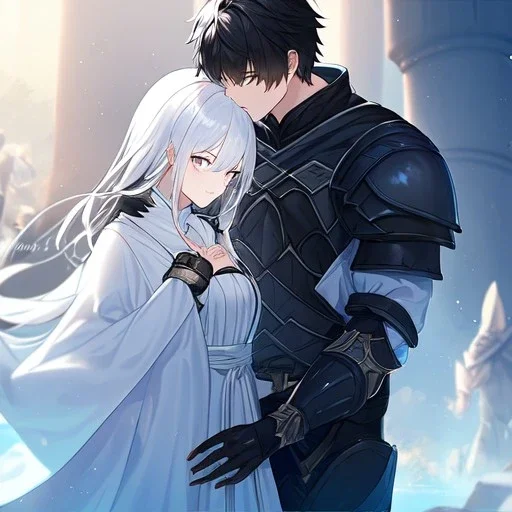 Girl with white hair wearing white robes. Boy with black hair wearing leather armor