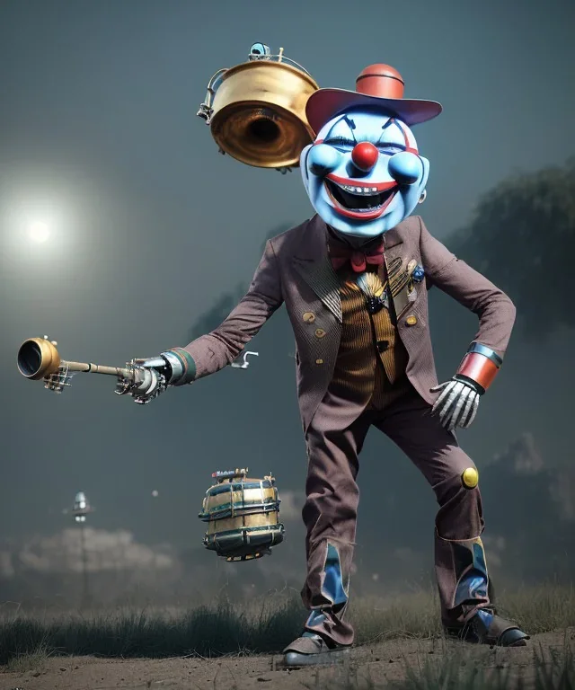 happy mechanoid clown playing jazz with a steampunk theme, realistic