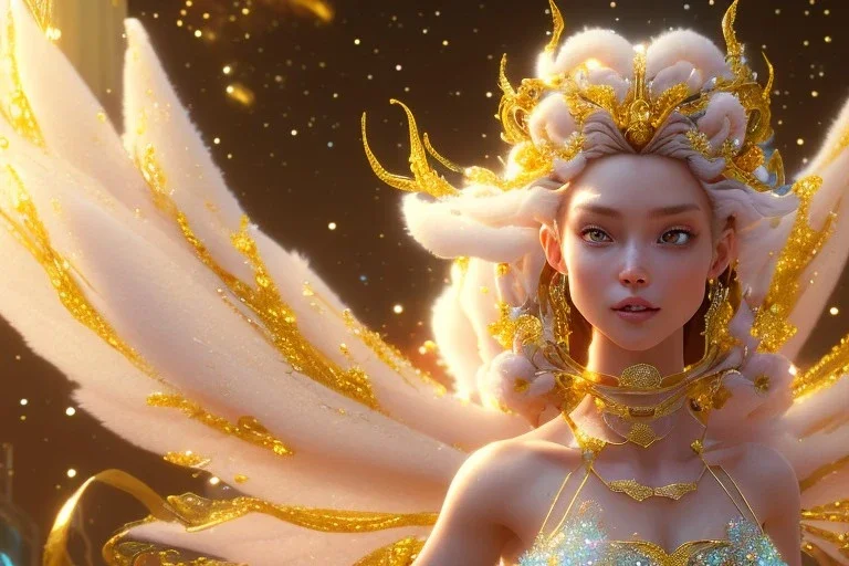 very beautiful crystal and gold goddess in a galactic ambiance, nice smiling, transparent petals, delicate colors, full of details, smooth, bright sunshine，soft light atmosphere, light effect，vaporwave colorful, concept art, smooth, extremely sharp detail, finely tuned detail, ultra high definition, 8 k, unreal engine 5, ultra sharp focus