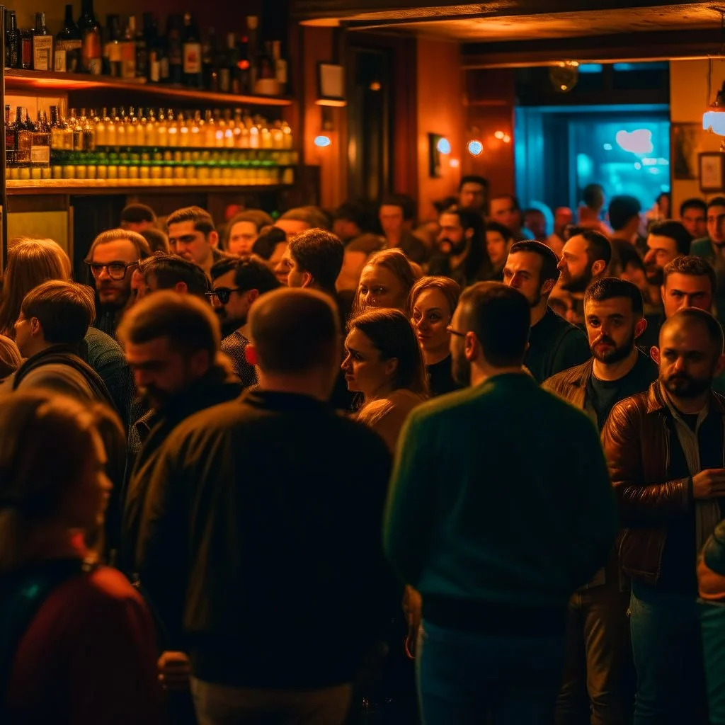 a crowded bar at night, lots of people, focus on a lonely person against the wall