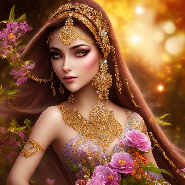 arabian fairy, beautiful portrait, flowery landscape