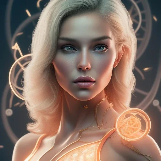 upper body of blonde pretty yoga artist, maze background , levitated lab equipment, 4k, Highly Detailed, Masterpiece, perfect eyes, Digital Illustration, Cinematic Lighting, Realistic, Sharp Focus, Centered, Beautifully Lit, Bioluminescent by Stanley Artgerm Lau