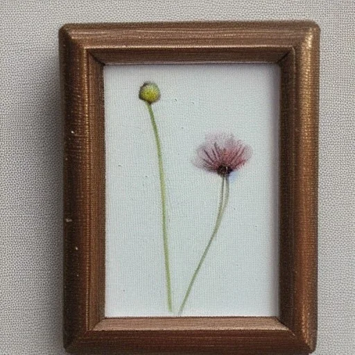 tiny oil painting of single long stem pressed flower, tiny white canvas, tiny white modern frame, melancholy, tender, moody, vintage, delicate arrangement, beautiful composition, etsy, aesthetic layout, plain solid white background