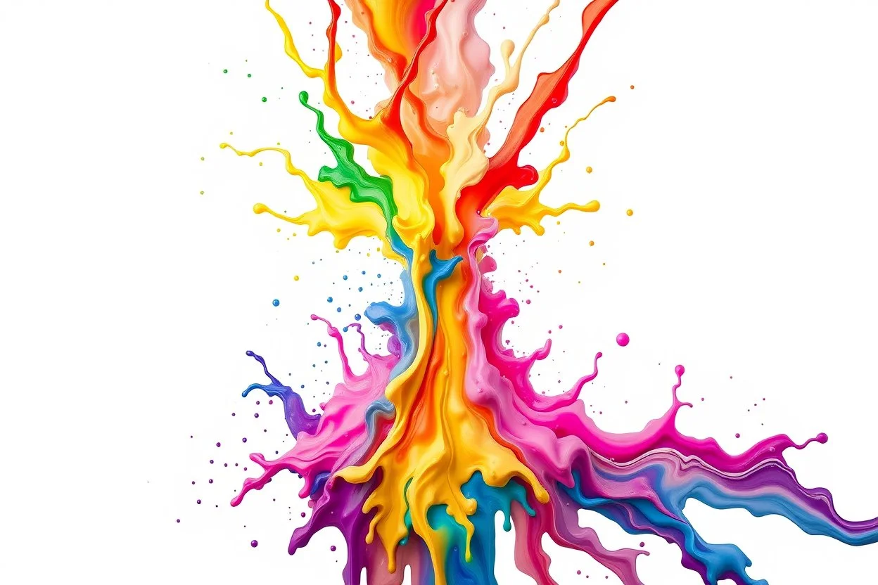 Mesmerizing rainbow-like explosion of colors that bursts from everywhere psichodelic. The fluid paint cascades downward in a dynamic motion, creating a captivating visual effect. Fluid paint explosion, resulting in a harmonious fusion of modern design, painting, and illustration. White Background