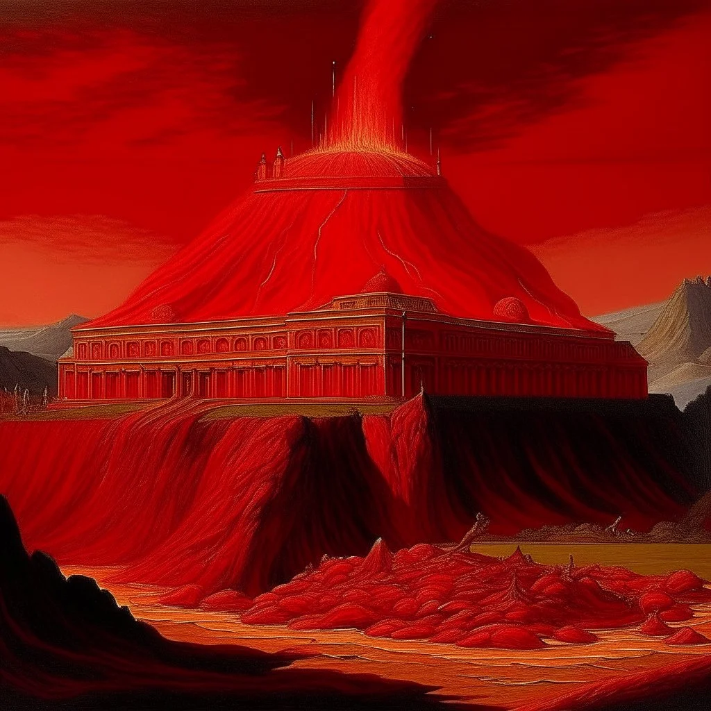 A red fiery castle near a volcano designed in ancient Greek pottery painted by Peter Carl Faberge