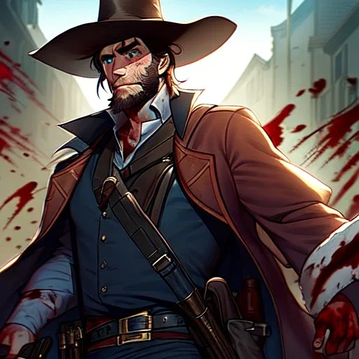 Portrait, Bearded, gunslinger, with short brown hair, serious blue eyes, wild west Coat, blood splatter,