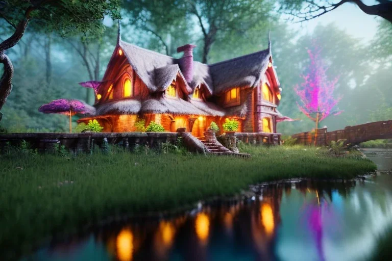 Magical fantasy elven house forest rivendell tree flower pink green yellow beautiful nature river