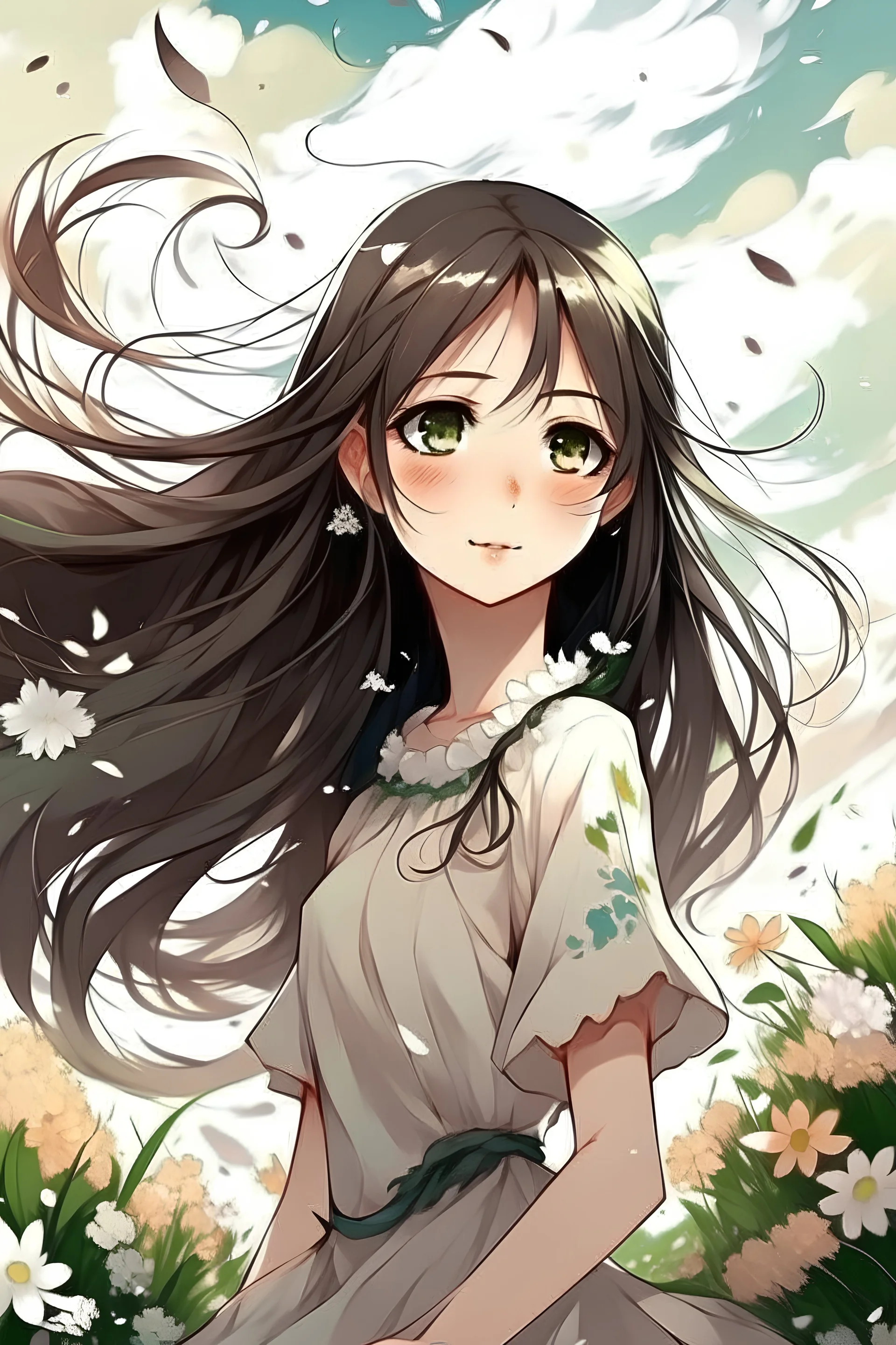 Cute anime girl, brown eyes, long black hair, spring totally white dress with flowers. Windy day