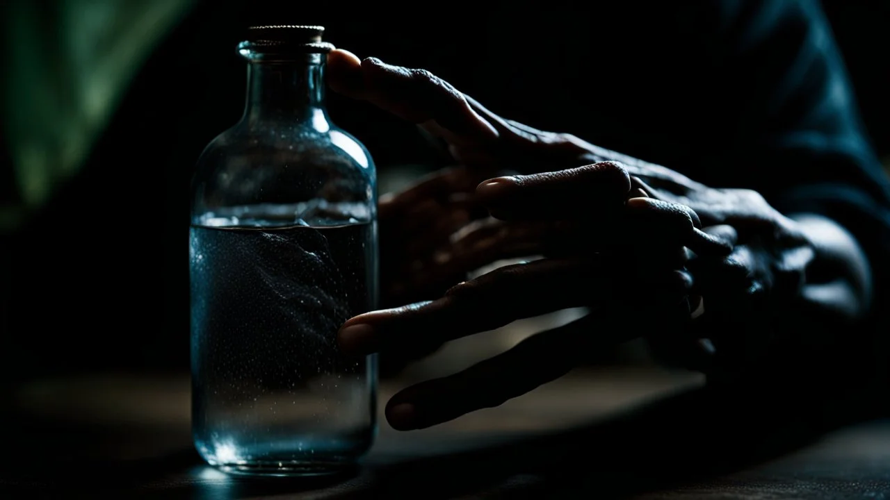 close up photo from an black cloths old witch woman's hand extending to the camera a thick old glass bottle half full of water, detalied, harp focus, Cinematic , dramatic mood, Professional photography, bokeh, natural lighting, canon lens, shot on dslr 64 megapixels sharp focus