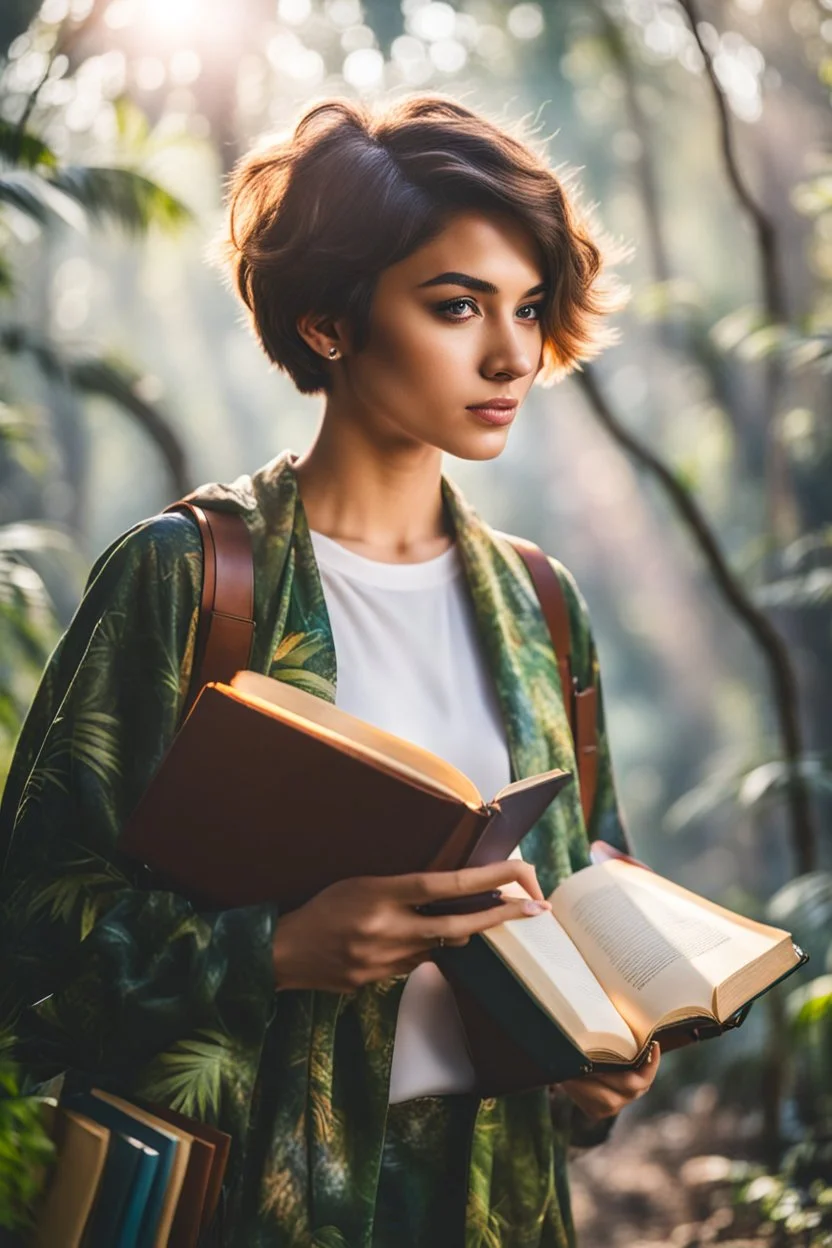 portrait pint of color photo of a student girl 22 years old ,short hair with her books in her hand walking in magic jungle in trees