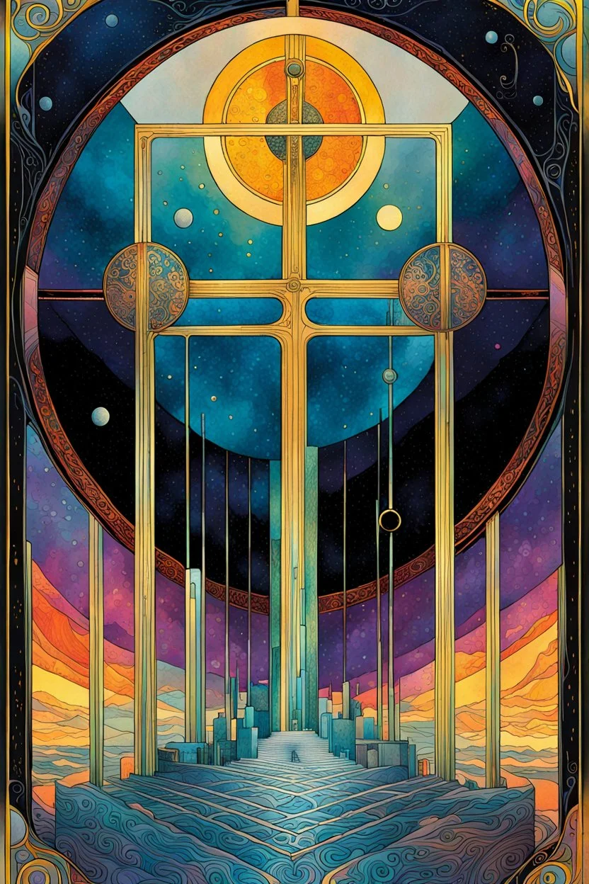 Create a chaotic abstract cubist Tarot Card depicting an ornate,The Four of Swords , in the style of Bill Sienkiewicz, Philippe Druillet, Gustav Klimt, Alphonse Mucha, and Jean Giraud Moebius, precisely drawn, colored and inked, in muted colors, with ornate bordered edges