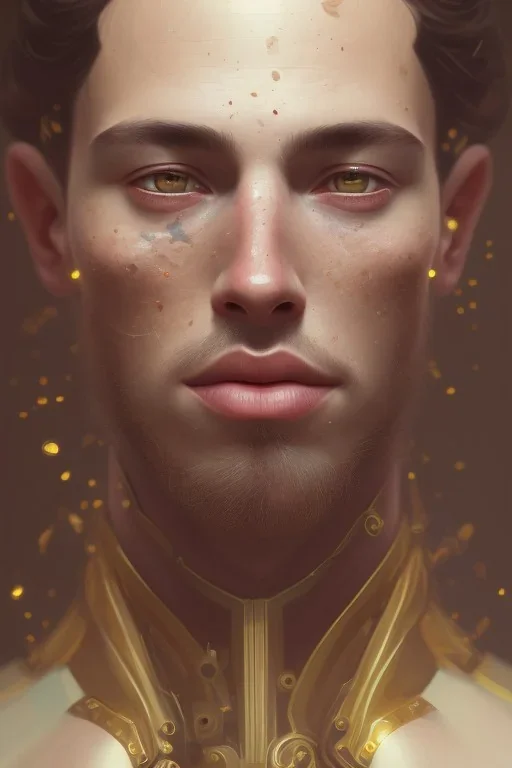 male, cute, brown hair, brown eyes, freckles,, head and shoulders portrait, 8k resolution concept art portrait by Greg Rutkowski, Artgerm, WLOP, Alphonse Mucha dynamic lighting hyperdetailed intricately detailed Splash art trending on Artstation triadic colors