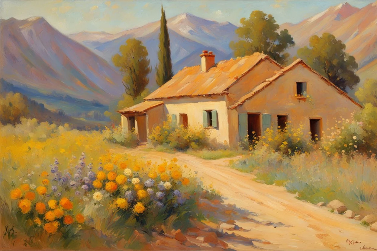 sunny day, mountains, trees, dirt road, flowers, spring, countryside, adobe house, wilfrid de glehn and rodolphe wytsman impressionism paintings