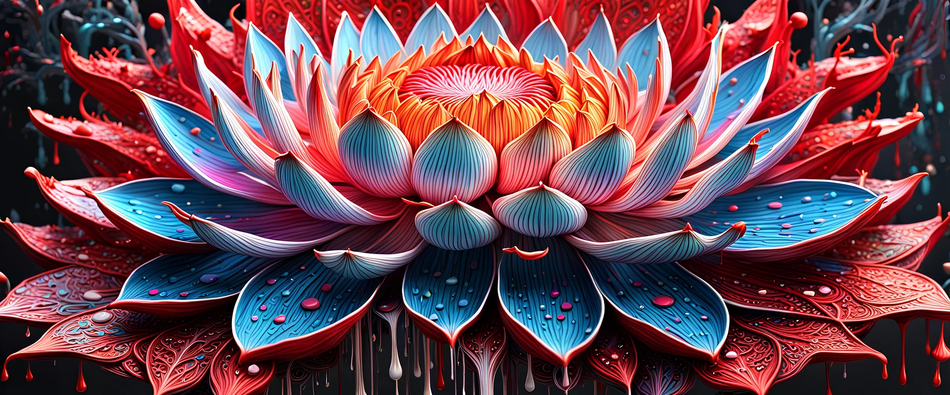 3D rendering of Expressively detailed and intricate of a hyperrealistic “LOTUS”: dripping colorful paint, tribalism, shamanism, cosmic fractals, dystopian, octane render, volumetric lighting, 8k post-production, red and white, detailled metalic bones, semi human, dendritic, stylized fantasy art by Kris Kuksi, artstation: award-winning: professional portrait: atmospheric: commanding: fantastical: clarity: 16k: ultra quality: striking: brilliance: stunning colors: amazing d