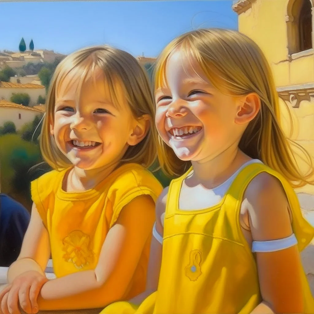 Neoclassicism child smiling at other child painting yellow realistic cote d'azur