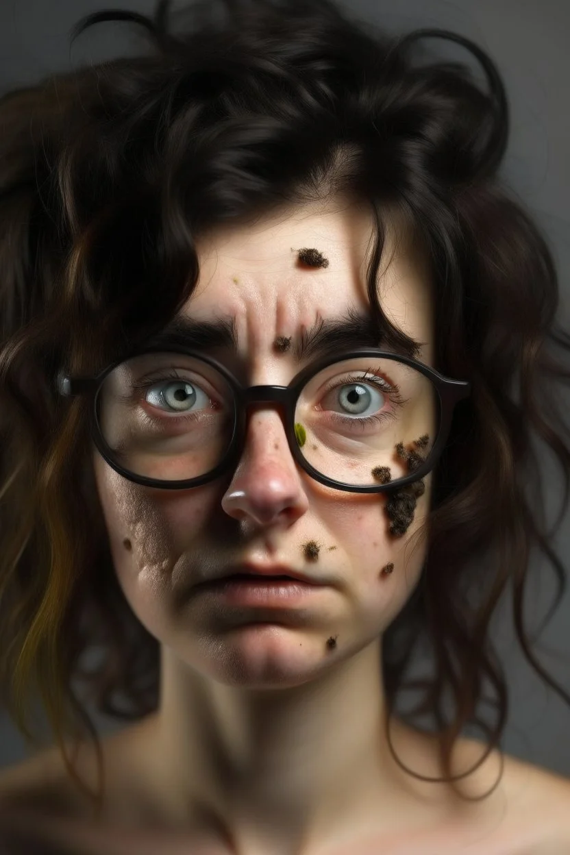 mujer de cuerpo entero, con cejas muy peludas, con muchos granos de acné y los vidrios de los lentes 👓 rotos
