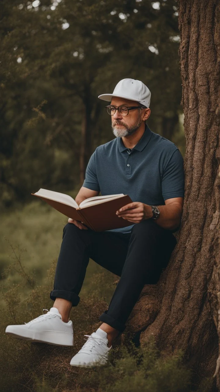 A man wearing a white Dad Hat, wearing glasses, and reading with a tree behind him, high resolution