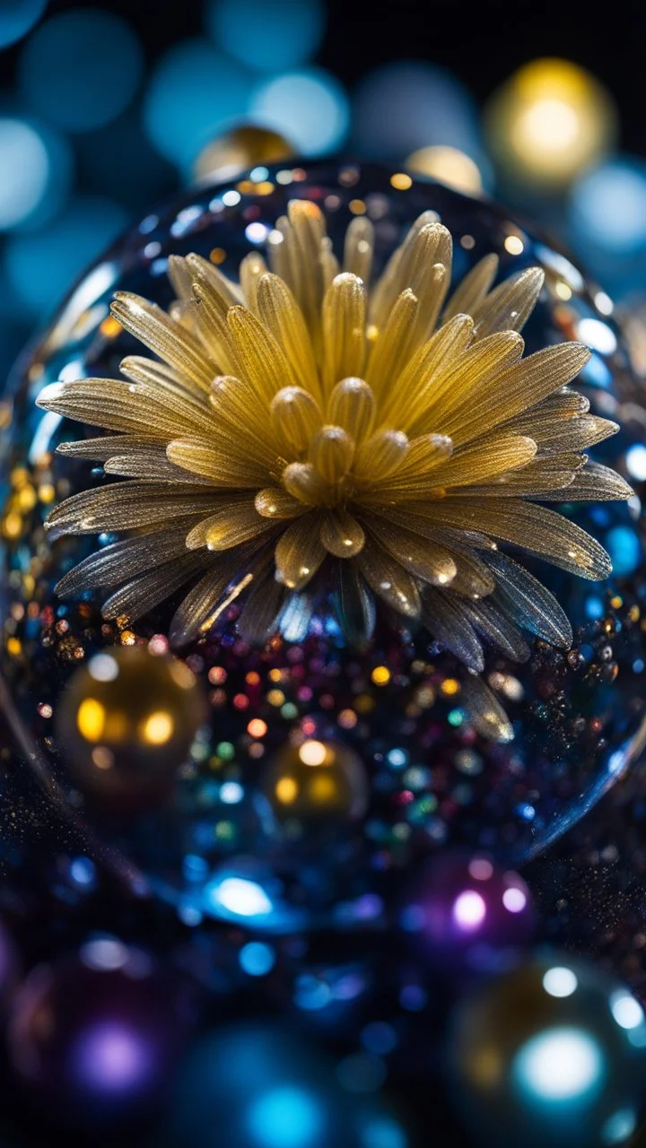 Microphotograph of glass spherules, volumetric light flowers, strong texture, extreme detail, rich moody colors, sparkles, Harry Potter, bokeh, odd