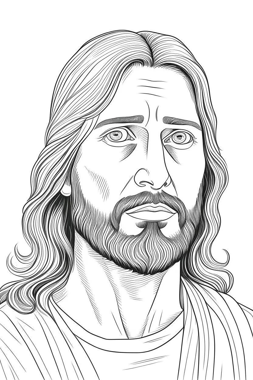 Jesus, realistic, each unique, full view, only draw lines, clean line art, –no sketch, white background, minimalistic black lines, minimal black color, coloring page, thin black line art, perfect shape, perfect clear lines,