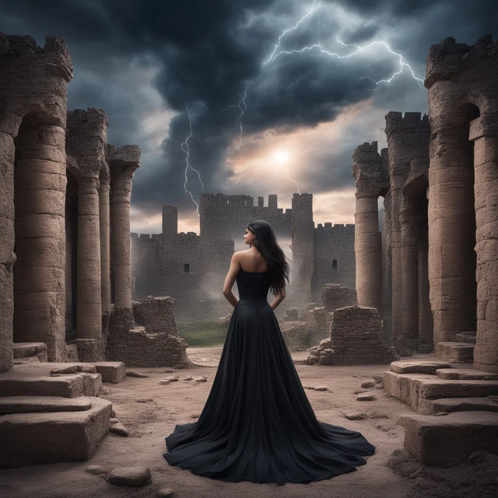 Hyper Realistic photographic-view of an extremely-Handsome-Muscular-Man In Black-tuxedo & beautiful-woman-with-long-black-hair-&-black-gown both-getting-romantic in the middle of an ancient-prehistoric-castle-ruins with wedding-setup & UFOs on cloudy-maroon-sky with thunderstorm giving it a dramatic & cinematic ambiance