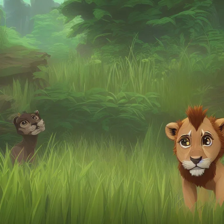 picture for children's book showing a cute baby lion behind tall grass in the jungle.