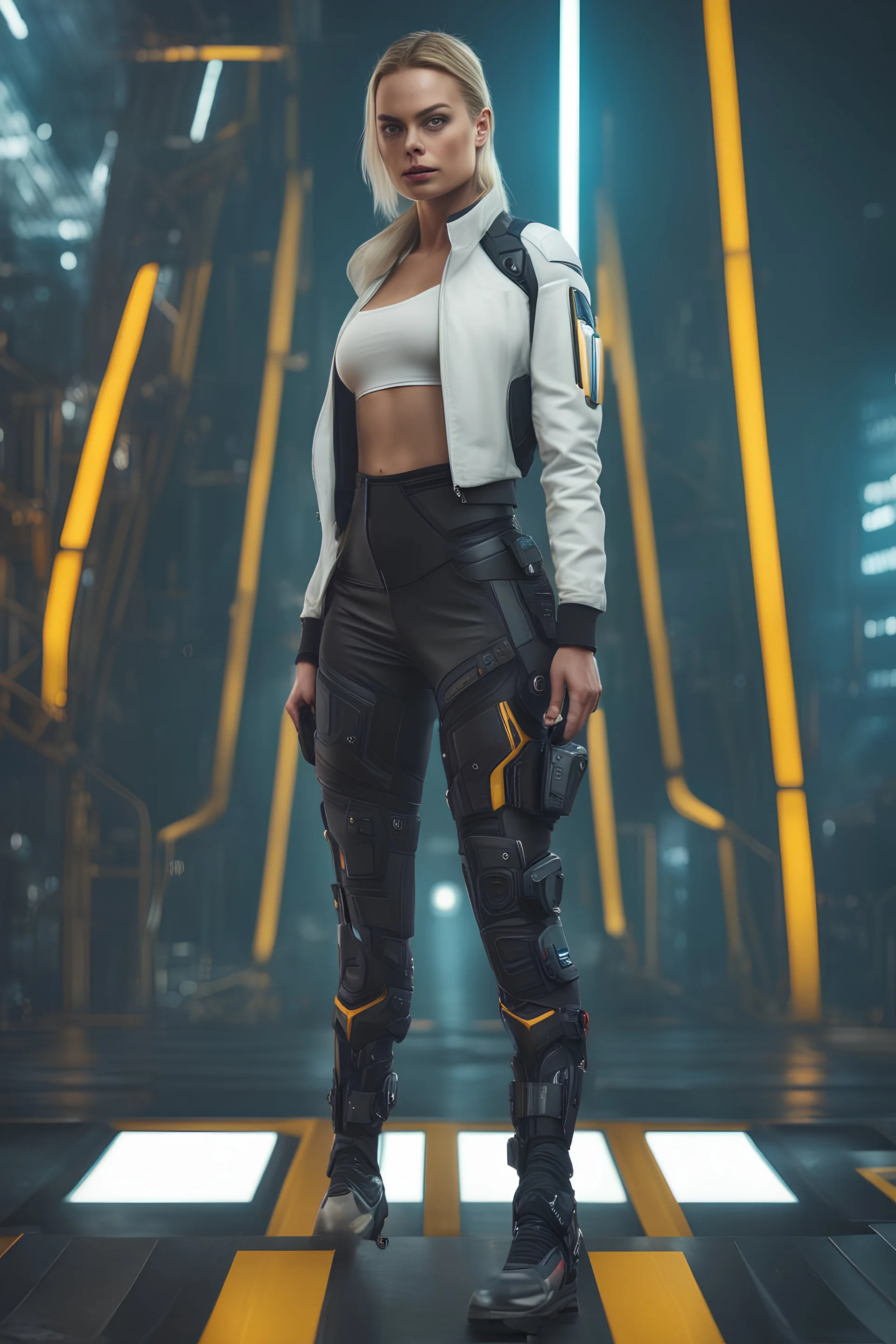 "Ultra realistic full body shot a margot robbie concept, looking at the camera,full legs, cyberpunk, neo-figurative,concept ,full length view, face , full size, science, technology,future,electric ,futuristic style, design, practicality,manufacturability,performance, HOF, professional photographer, captured with professional DSLR camera, trending on Artstation, 64k, full size, ultra detailed, ultra accurate detailed, bokeh lighting, surrealism, background, detailed