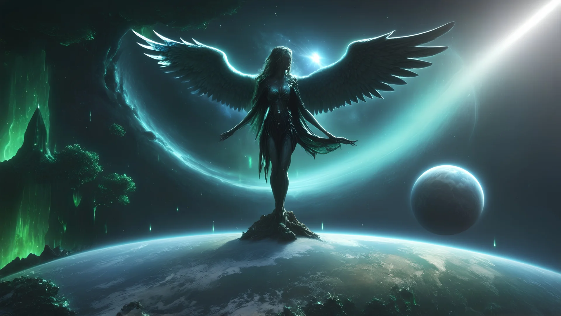 matrix universe, space, planets, god creation, angels from other dimensions with beautiful wings, trees on the planet, behind green crystals of light, few tiberium monolith deposits on the planet near tree,