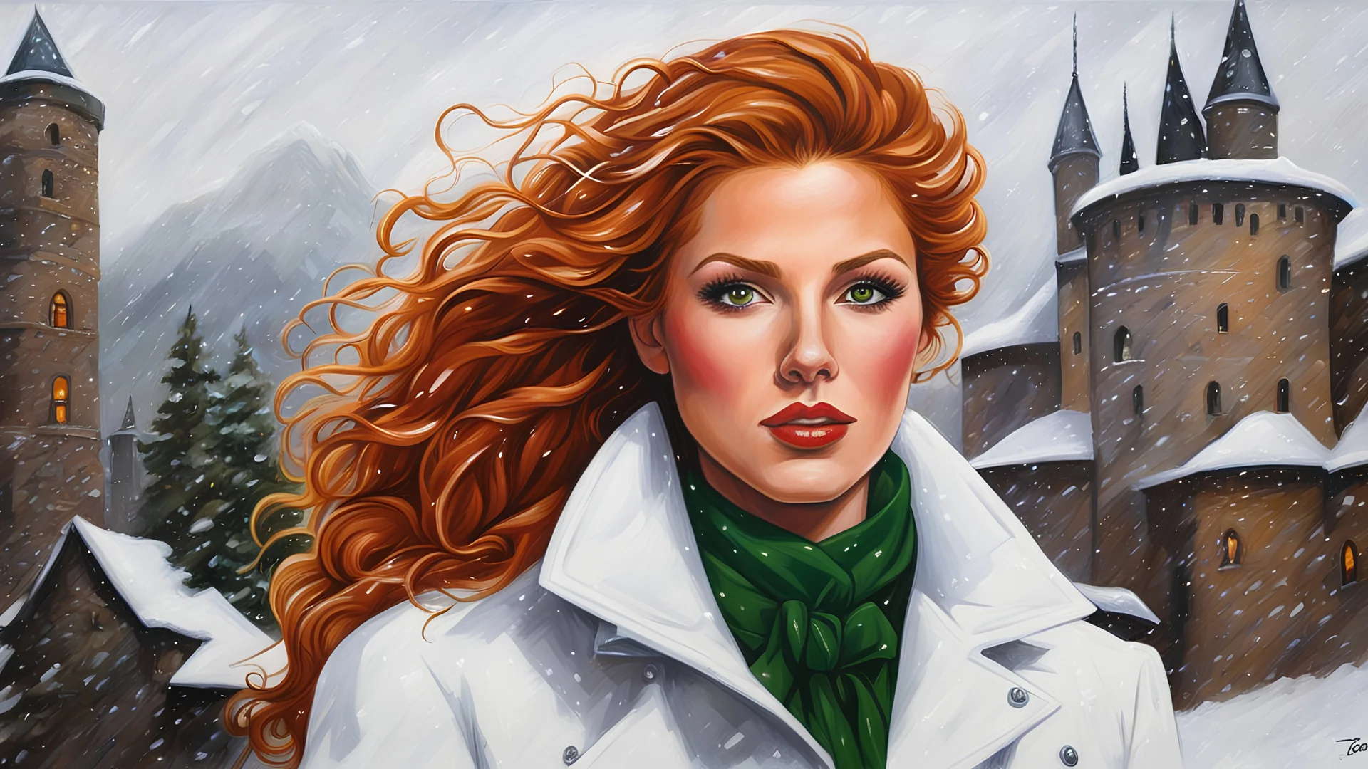 acrylic illustration, acrylic paint, oily sketch, cartoon, (side view:0.5), ([Brittany Robertson | Rachelle Lefevre] in white coat), ginger hair, green eyes, snowstorm, (castle) background, art by Todd Schorr