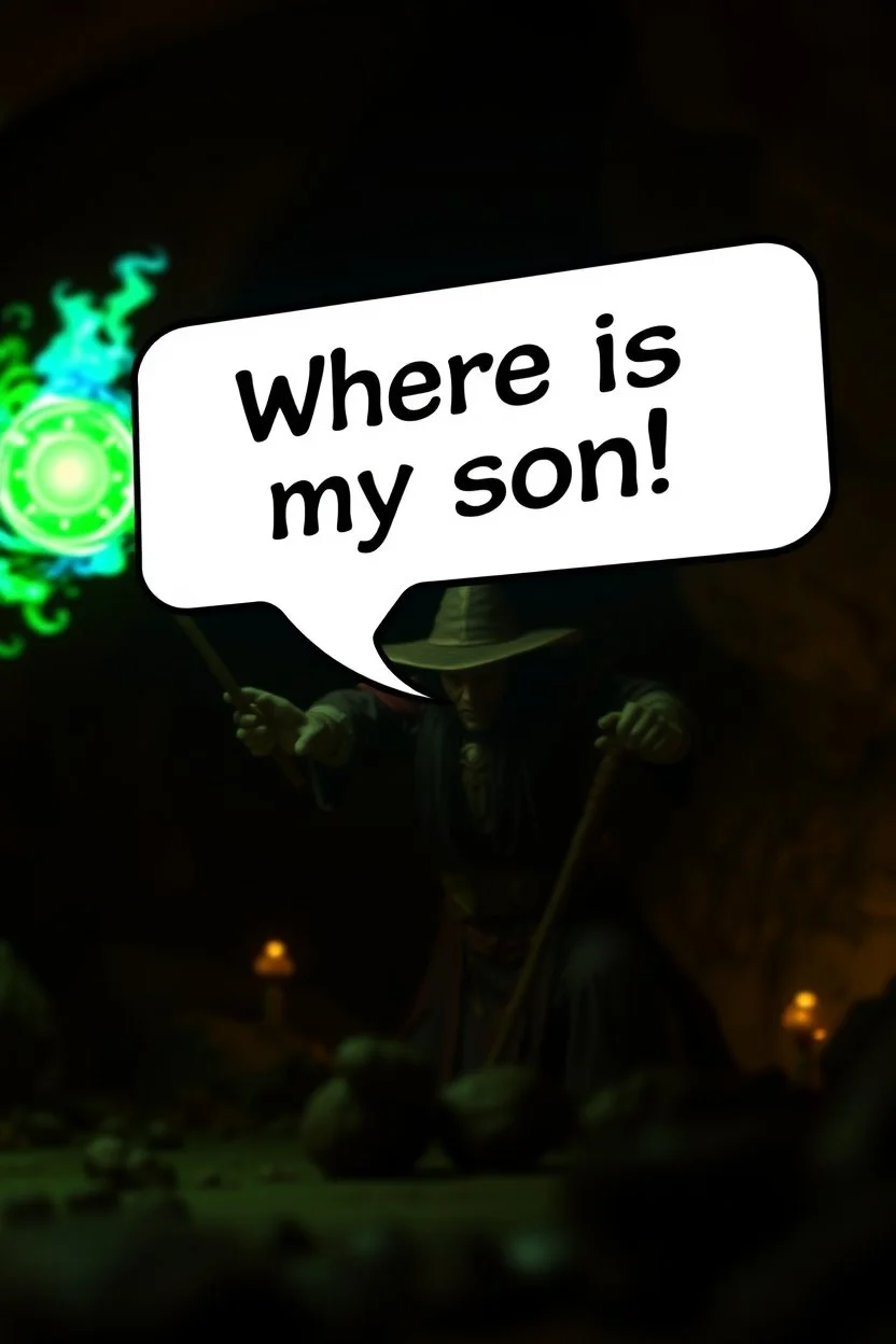 speech bubble in front with weird font saying "Where is my son!" fast killer glowing ball closeup demi-lich in background, magic swirl, strong winds, true grit, reggae rasta native stand off fast draw poncho cowboy wizard on knees hurt punching green and blue fire ball whip while taking sight wand slinger, in dark cave ,bokeh like f/0.8, tilt-shift lens 8k, high detail, smooth render, down-light, unreal engine